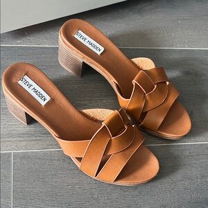 Steve Madden Cognac Brown Leather Braided Block Heel Mules